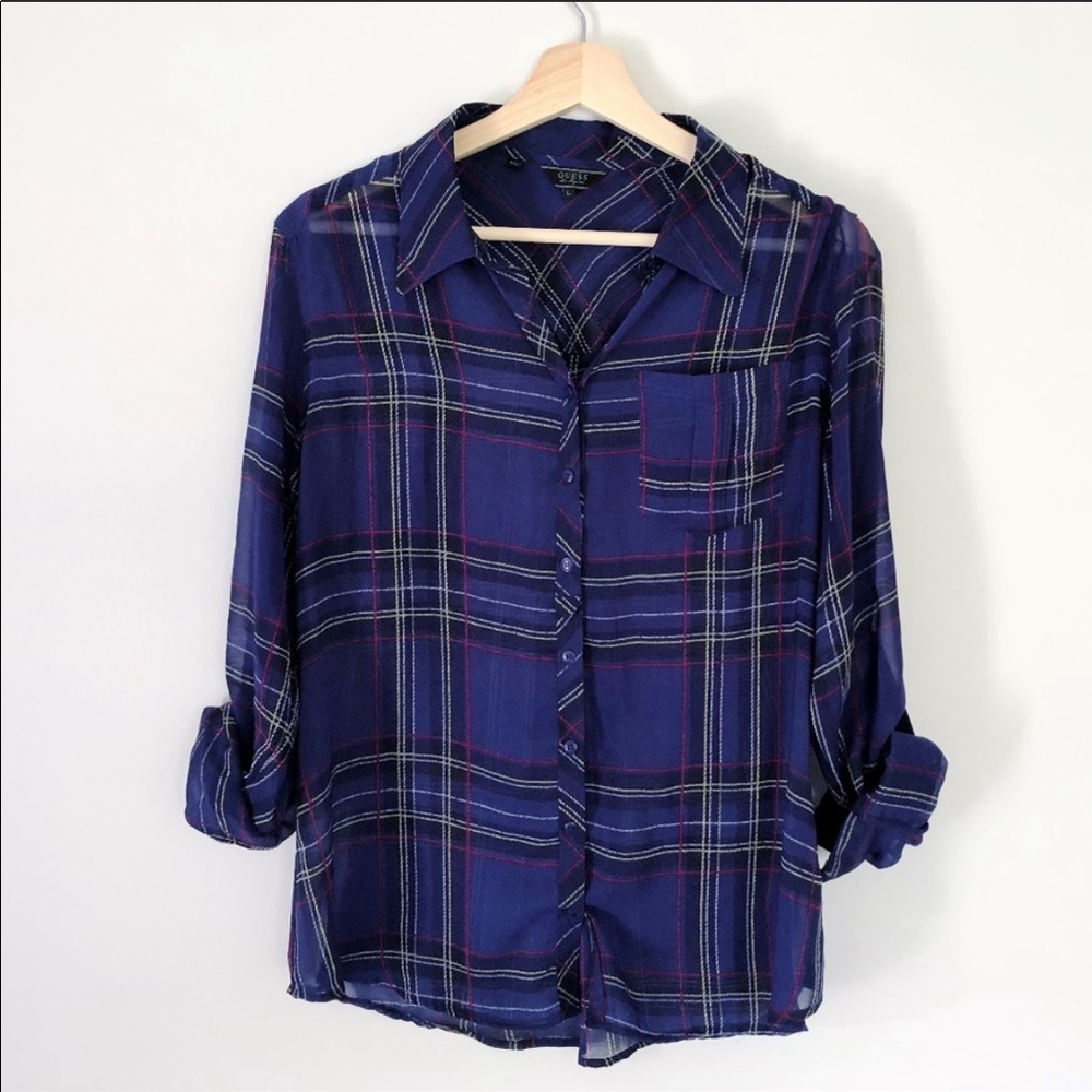 Guess Sheer plaid long sleeve button down